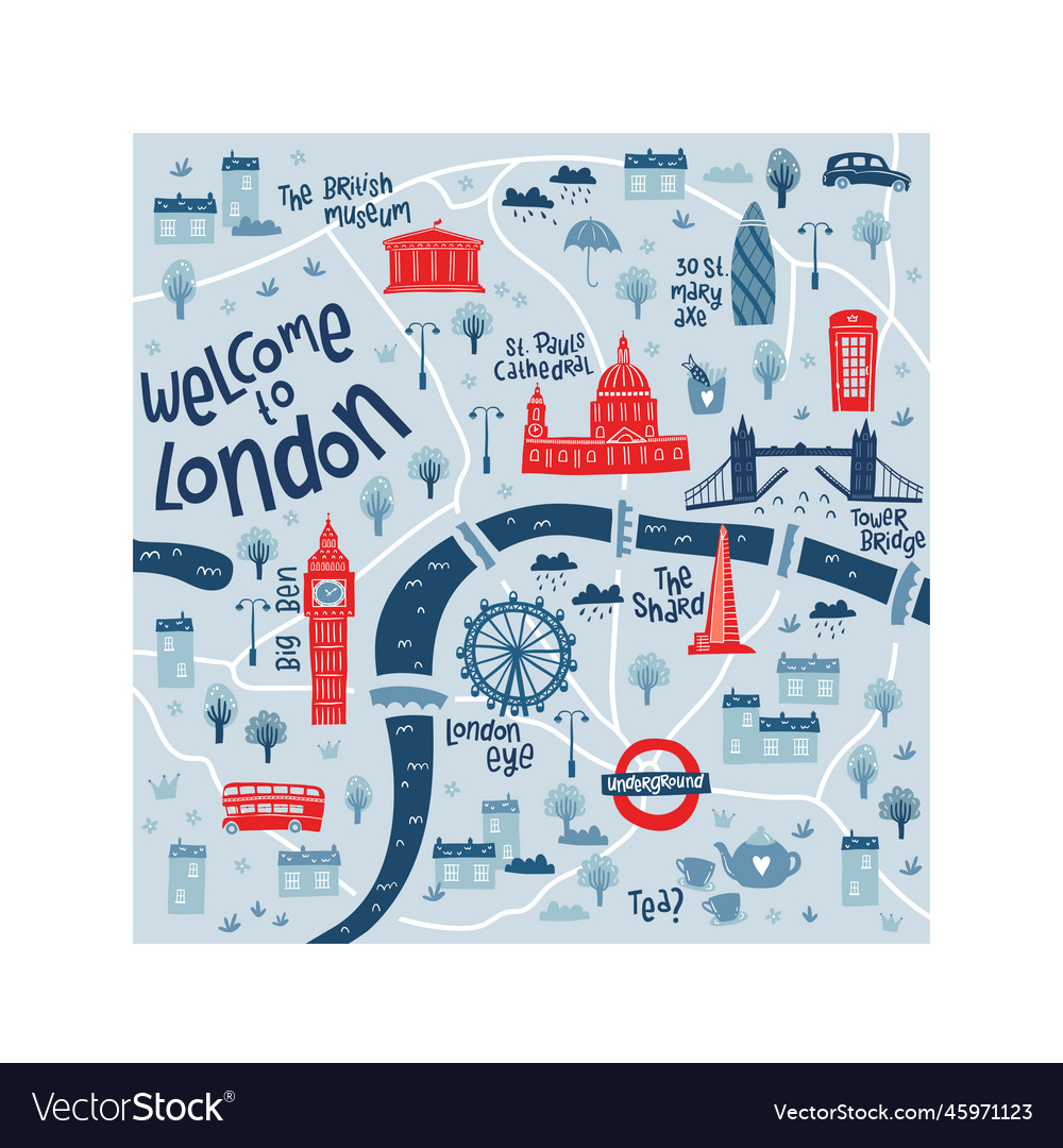 Cute hand drawn map of london with doodle Vector Image