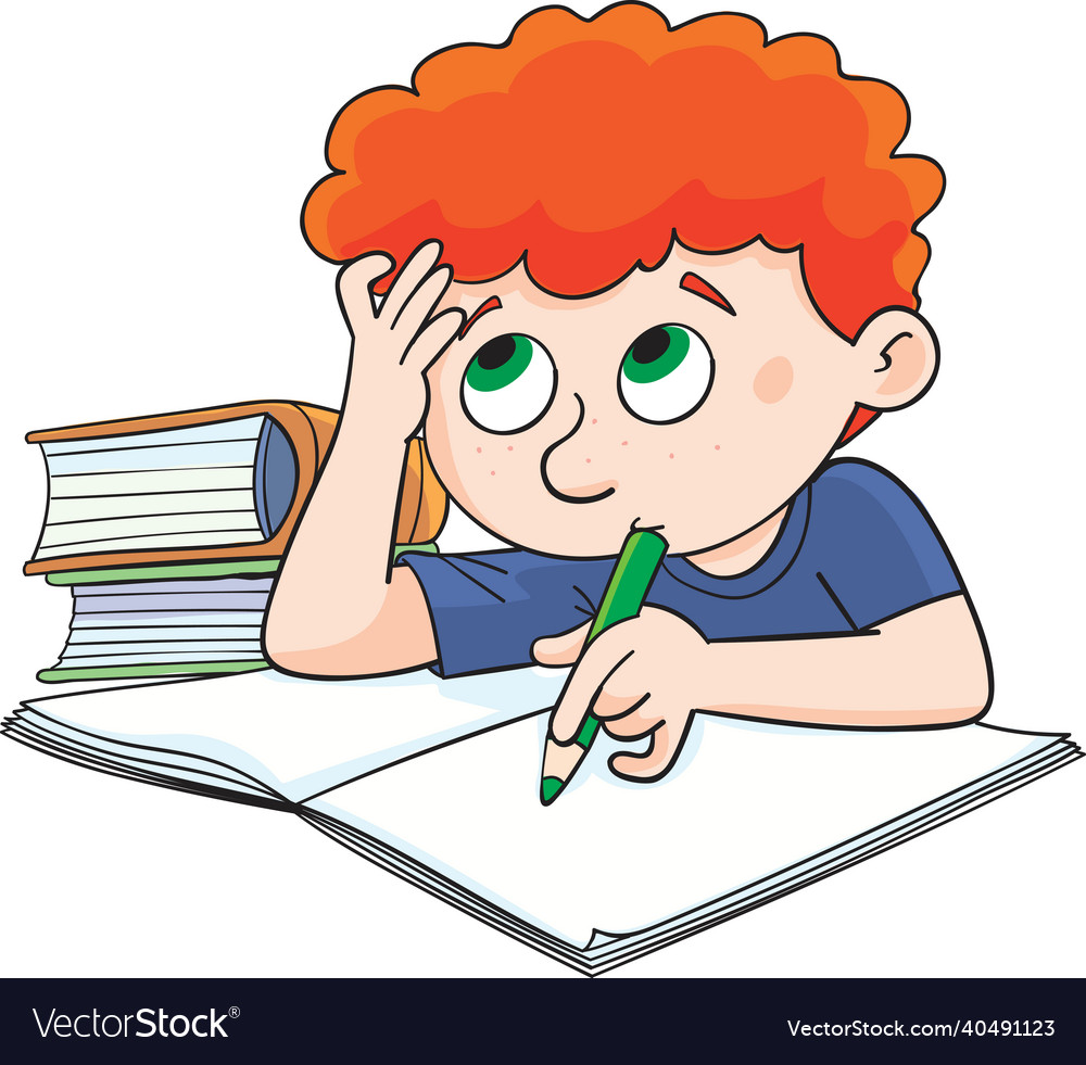 Red-haired boy sits and writing Royalty Free Vector Image