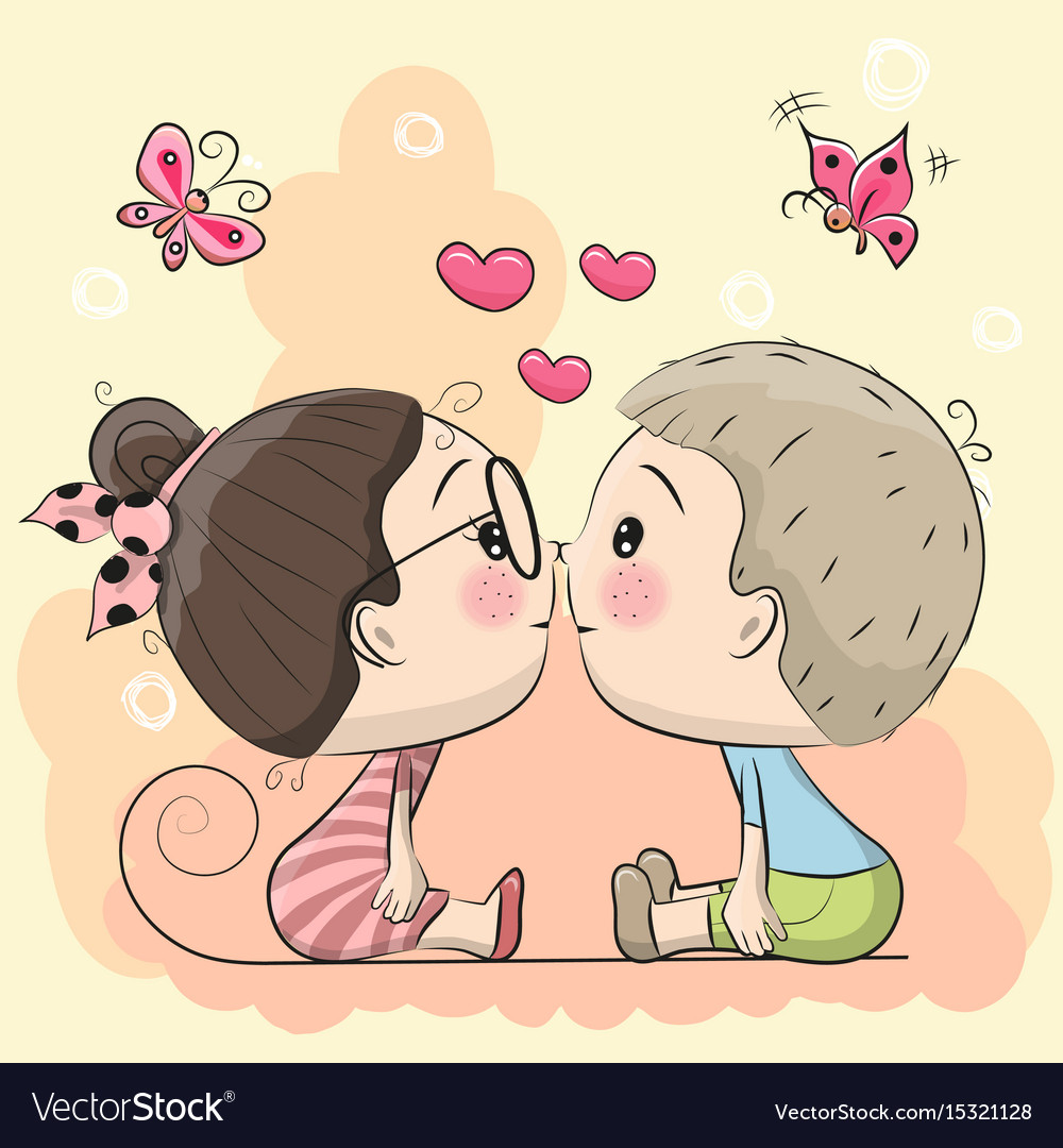 Cute cartoon boy and girl are kissing Royalty Free Vector