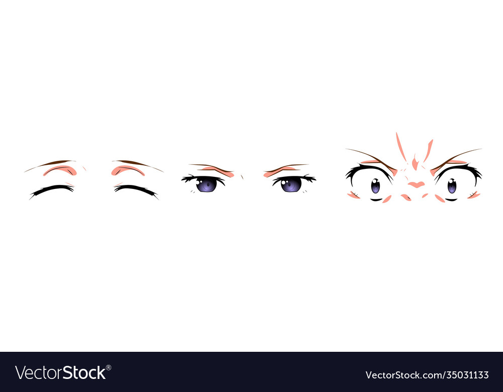 Set of Cartoon Anime Eyes, Anime Style Expressions. Kawaii Cute eyes.  Different Eyes, Joy. Anger. Calmness. Anime girl in Japanese. Anime style,  drawn illustration Set Stock Vector