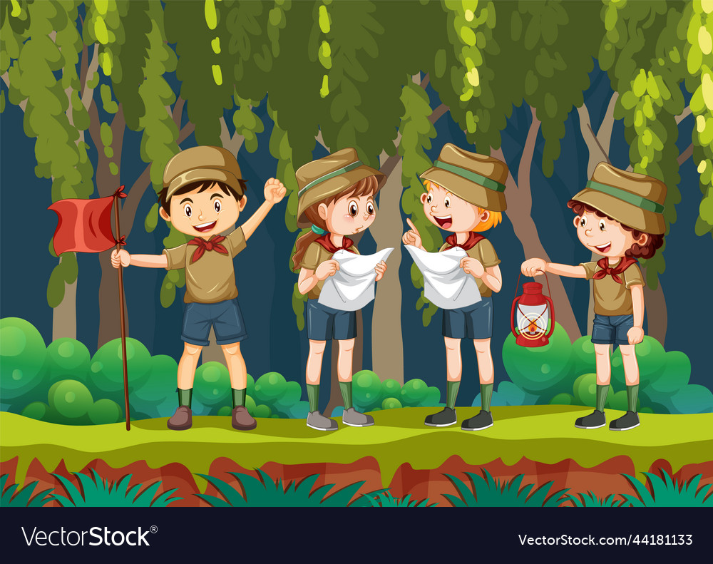 Scout Kids Hiking In The Forest Royalty Free Vector Image