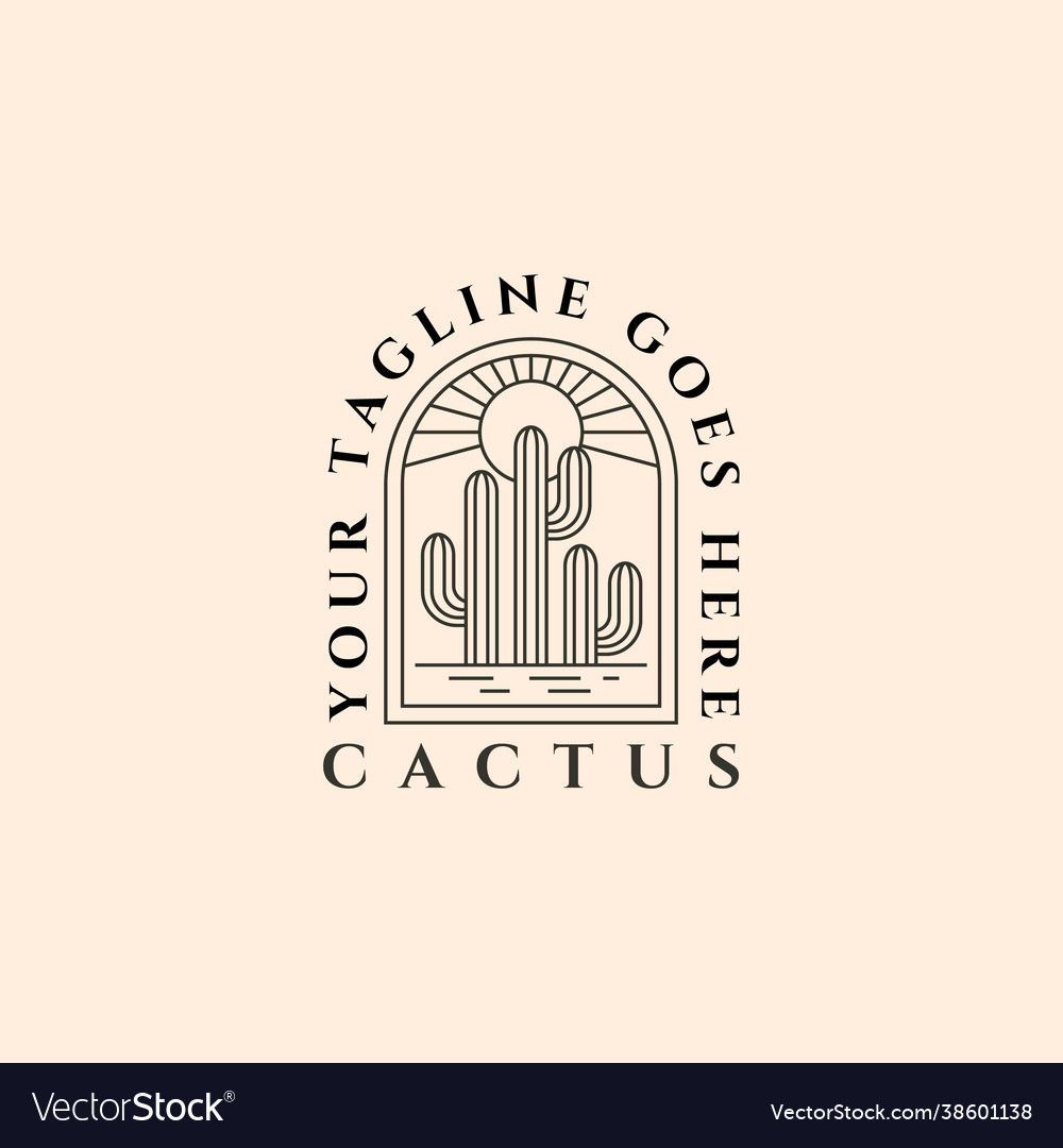 Cactus on desert summer logo emblem vintage line vector image Cactus on desert summer logo emblem vintage line