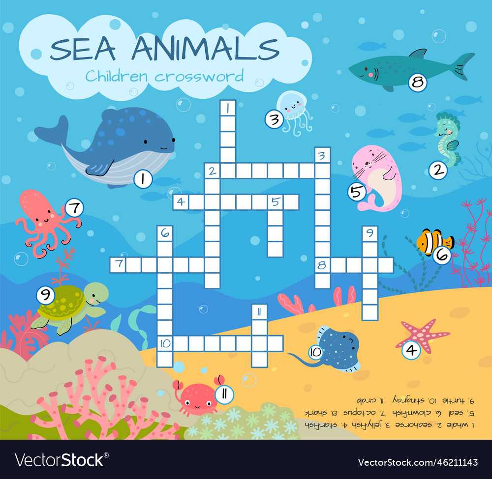 Children crossword sea animals colorful Royalty Free Vector