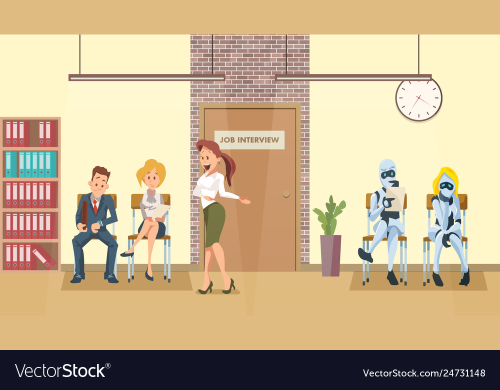 People and robot queue at door in office corridor