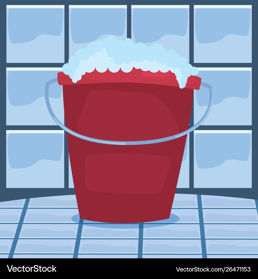 Bucket bubbles cleaning supply on white background