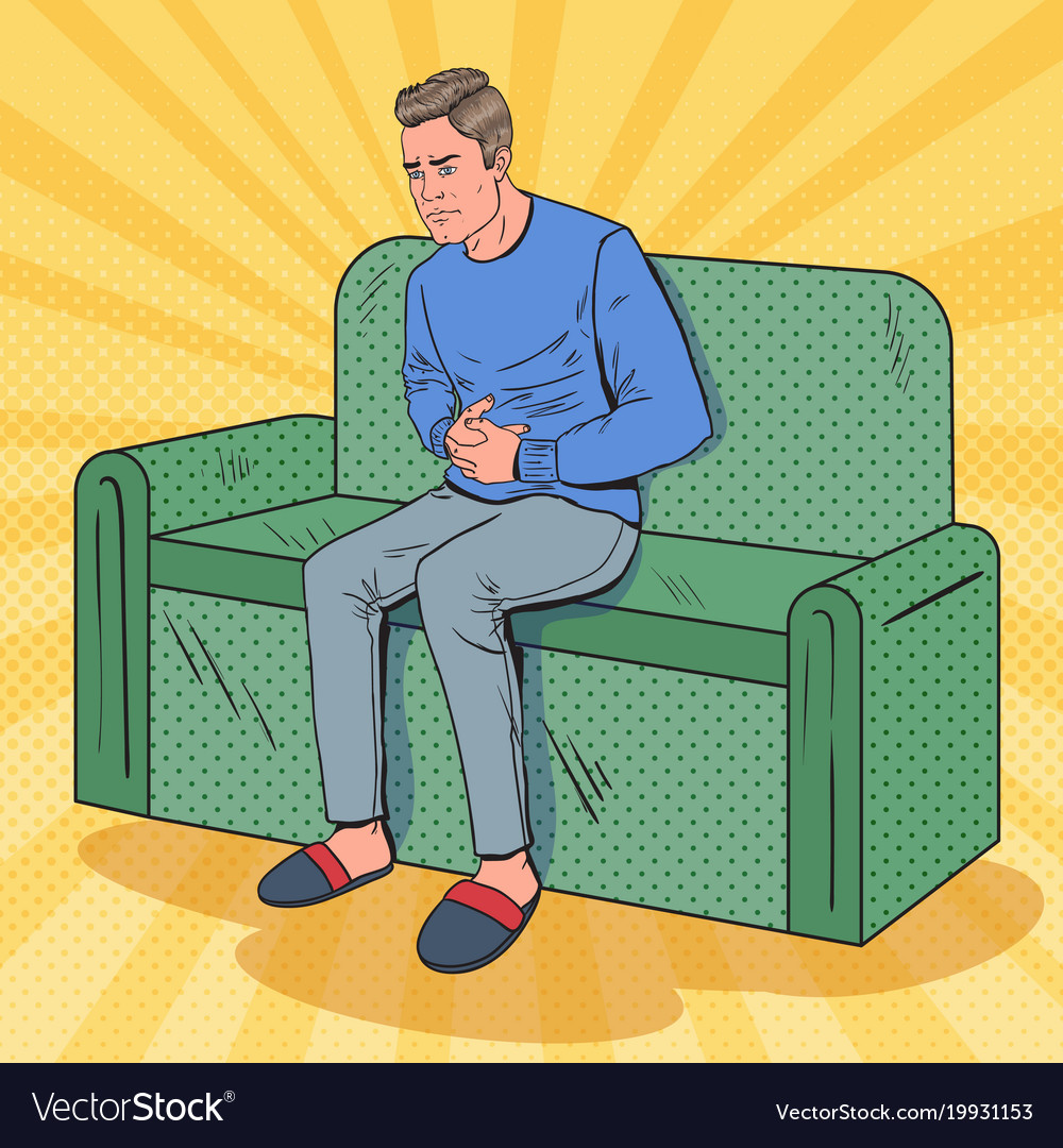 Pop art unhappy man suffering from stomach ache Vector Image