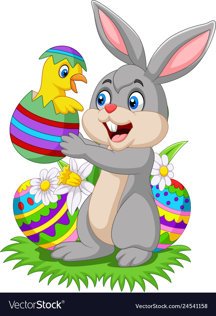 Cartoon rabbit holding a bachick hatching from Vector Image