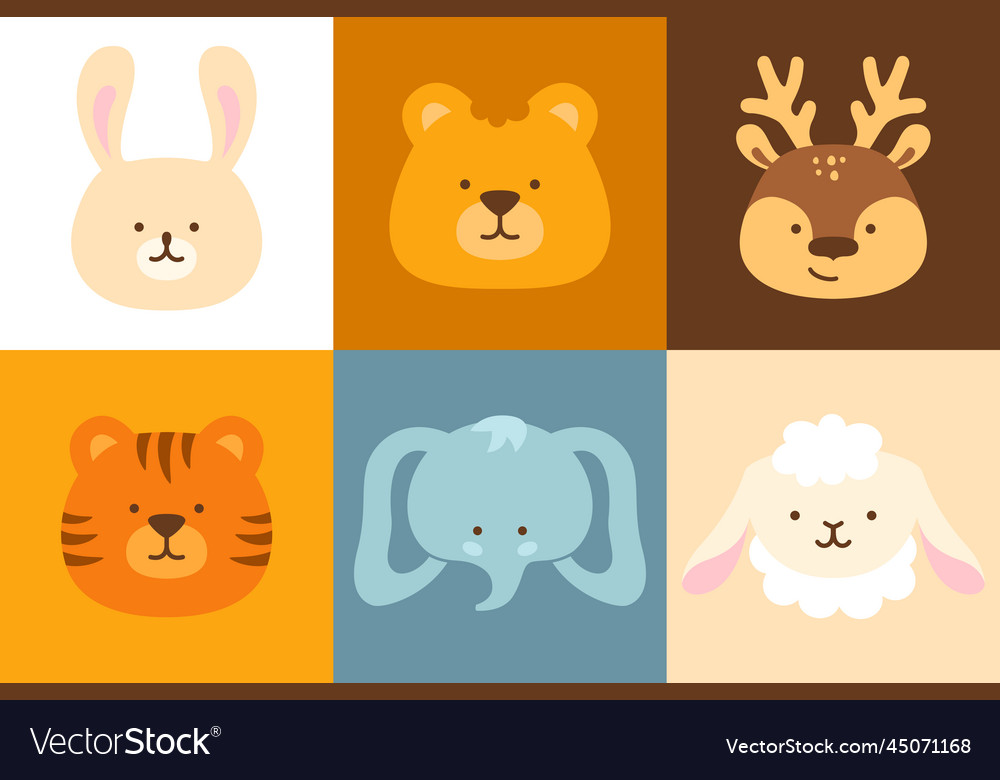 Cute wild animals faces emotion cartoon baby set Vector Image