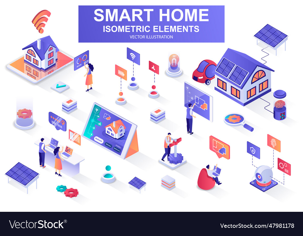 Smart home bundle of isometric elements Royalty Free Vector