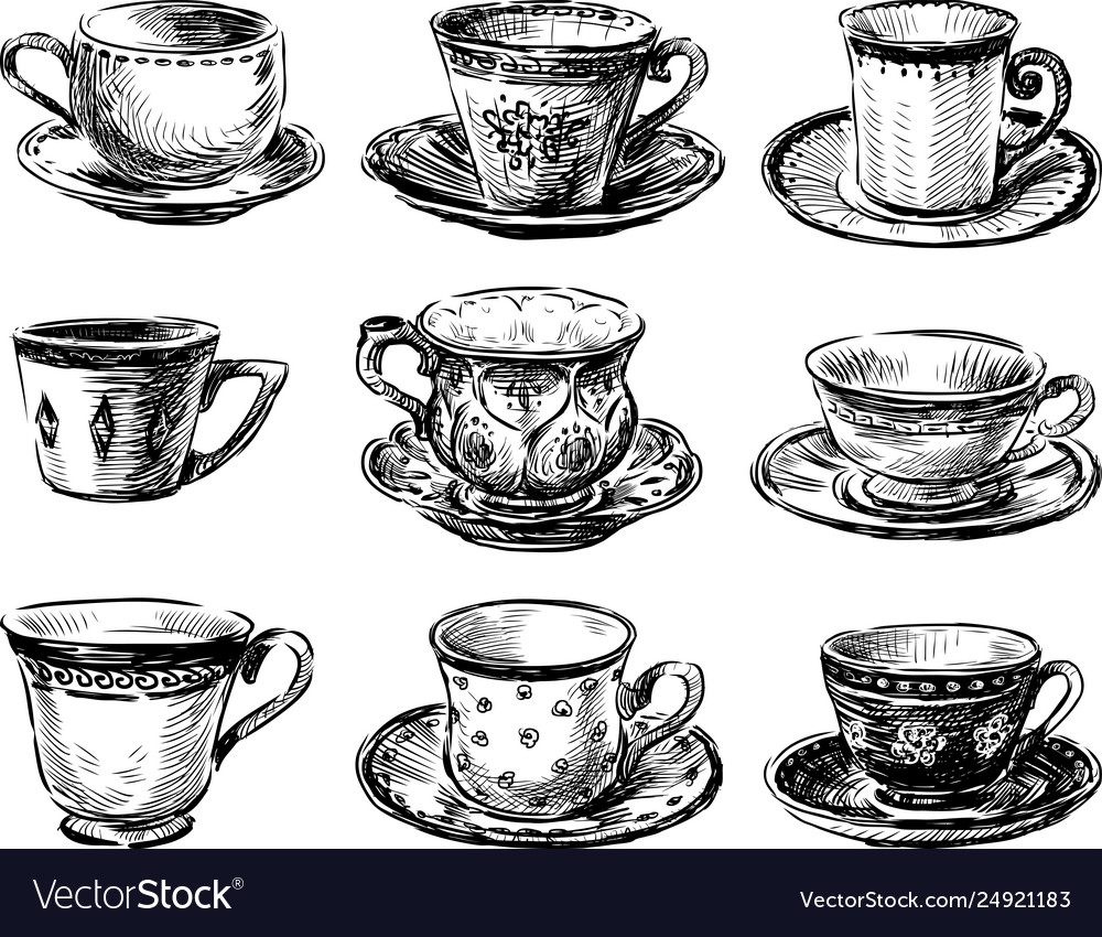 A collection various tea cups sketches Royalty Free Vector