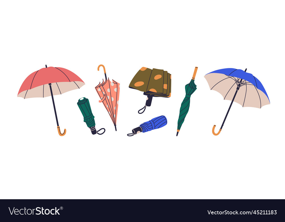 Open closed and folded umbrellas set rain Vector Image