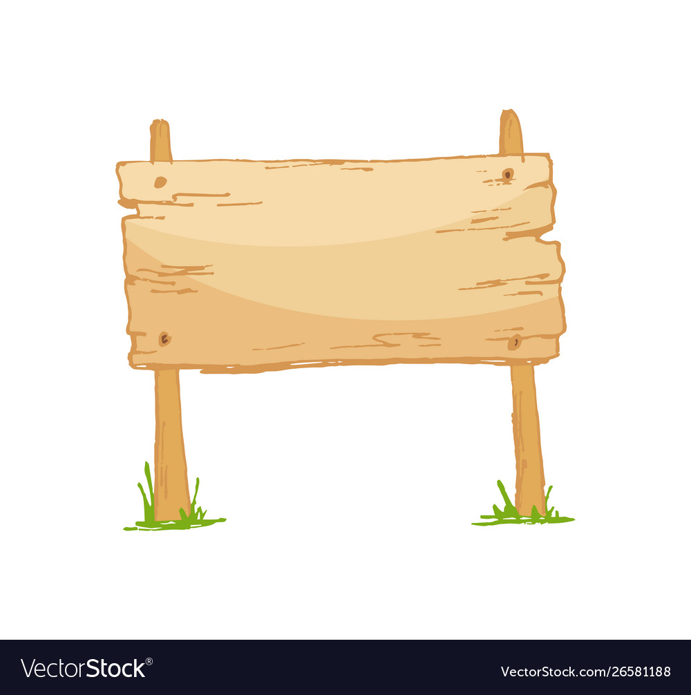 Old wooden blank cartoon sign board with grass Vector Image