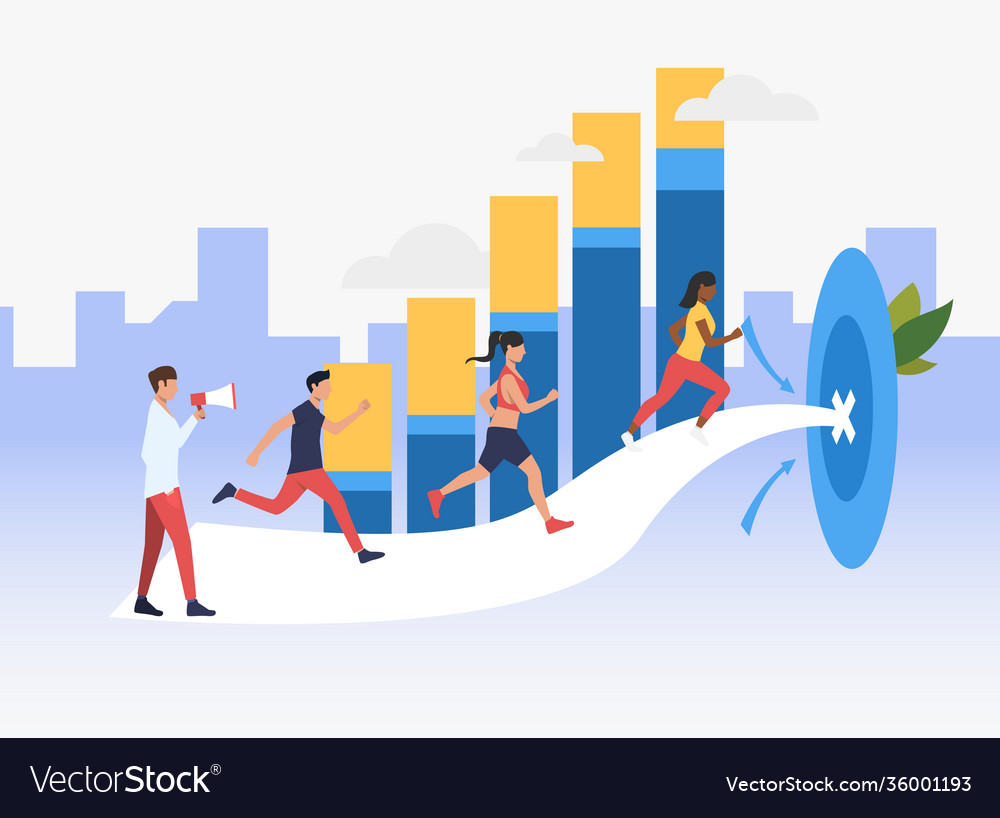 Sporty people running to target with bar chart Vector Image