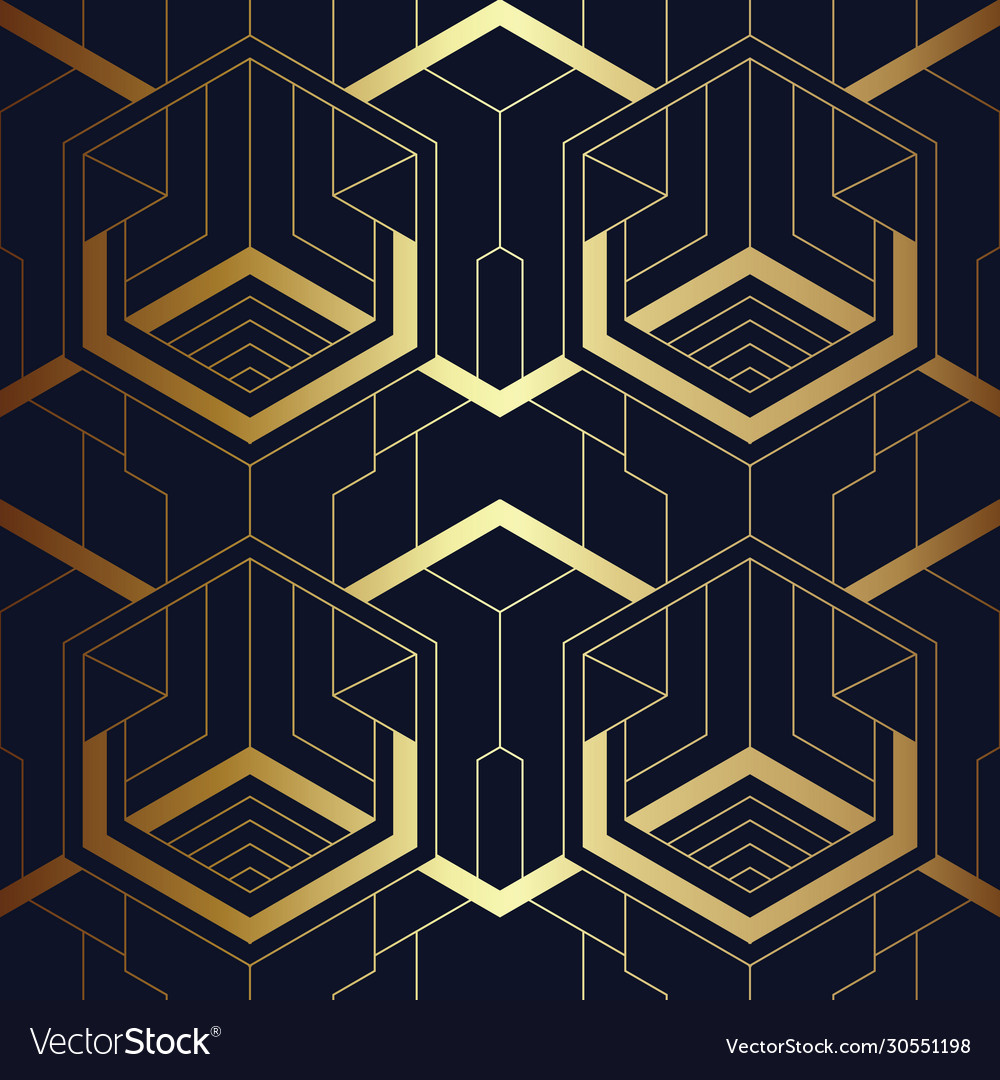 Abstract art deco seamless blue and golden pattern