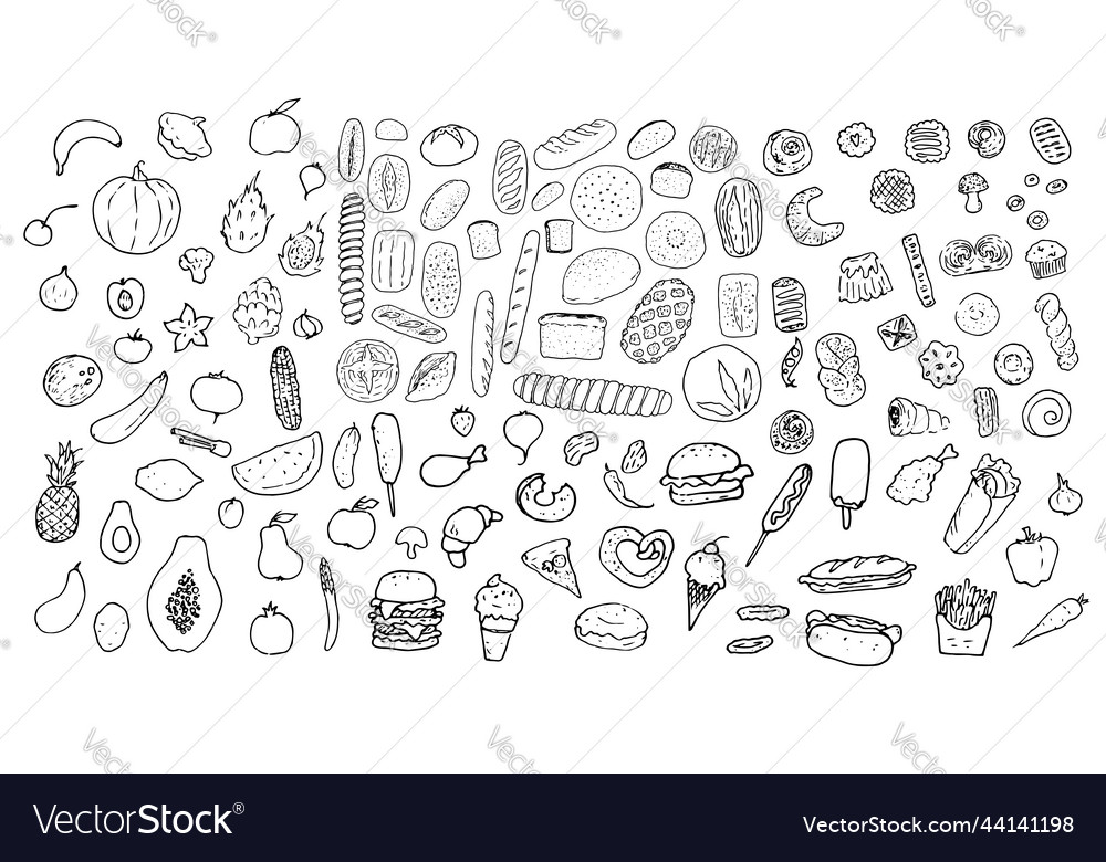 Collection of food products doodle icons set Vector Image