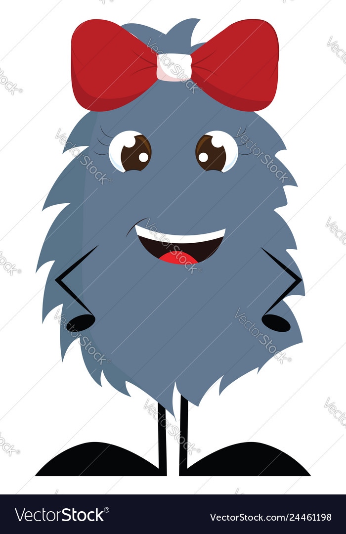 Dark Grey Furry Smiling Monster With Red Hair Bow Vector Image
