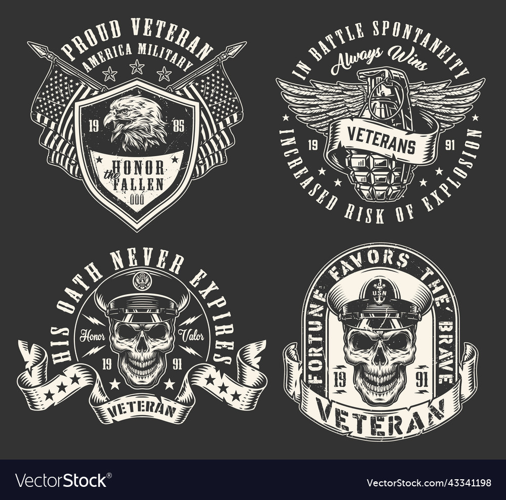 Military veteran set emblem monochrome Royalty Free Vector