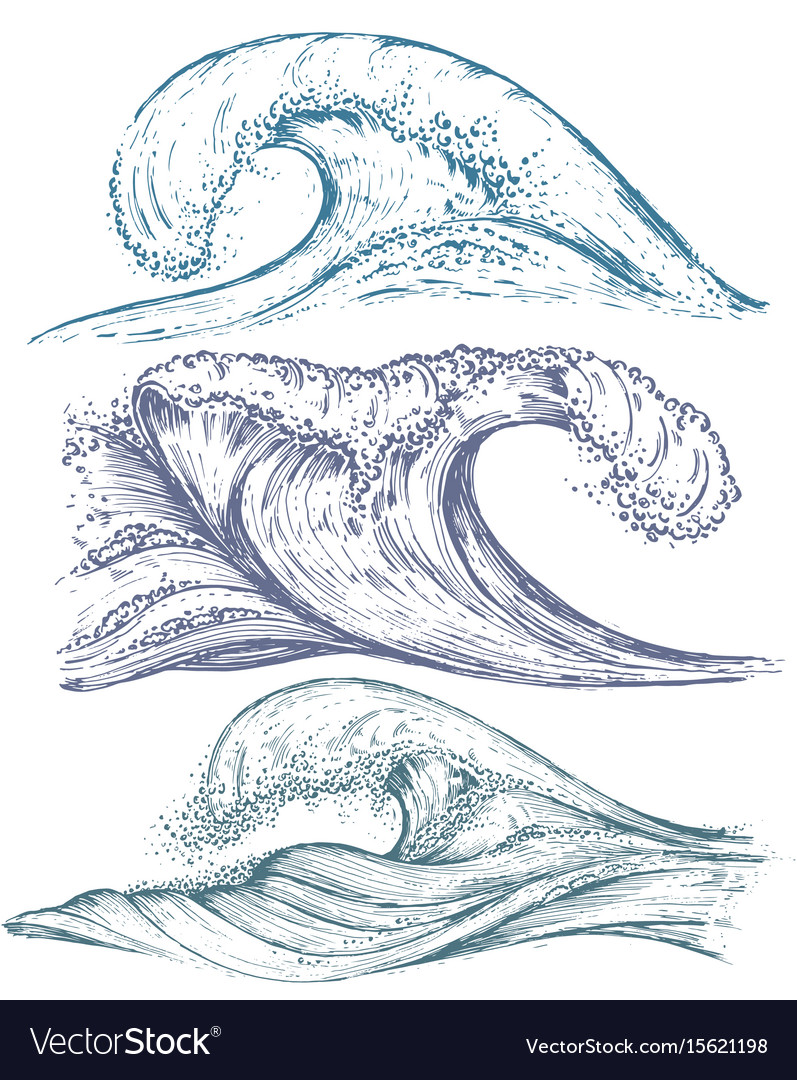 Set Hand Drawn Sea Waves In Sketch Style Vector Image