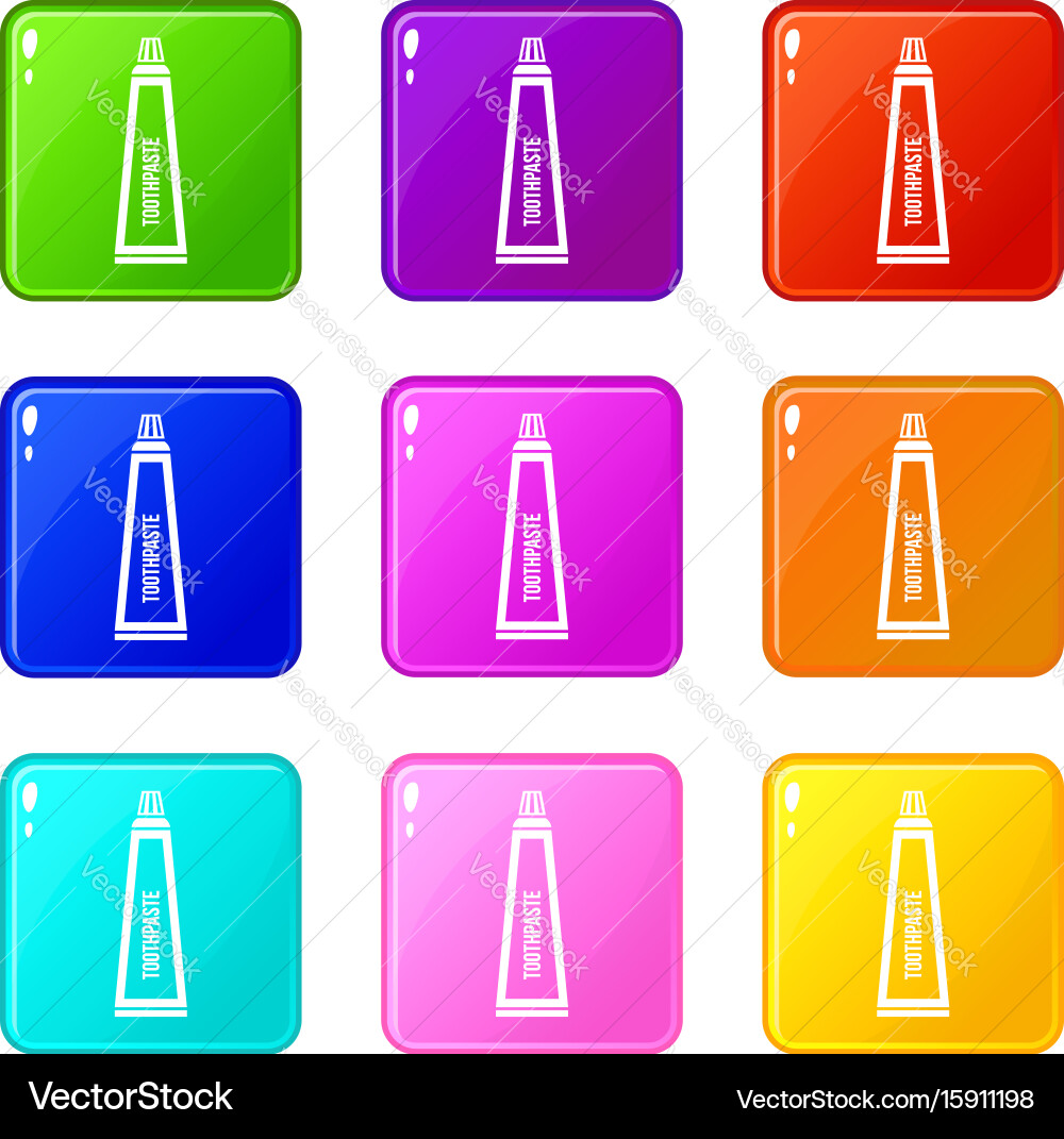 Toothpaste in tube icons 9 set Royalty Free Vector Image