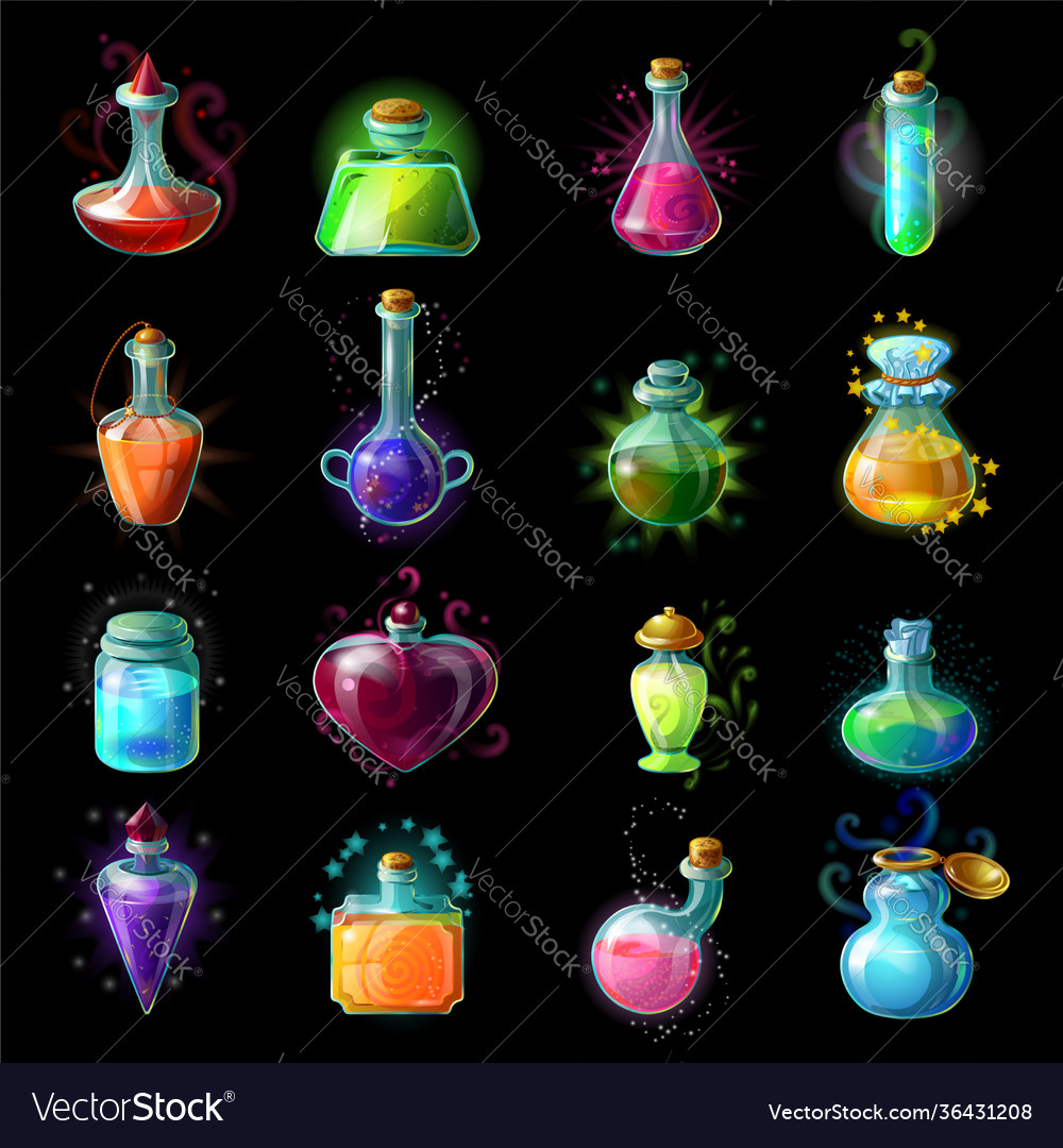 Magic bottles icon set