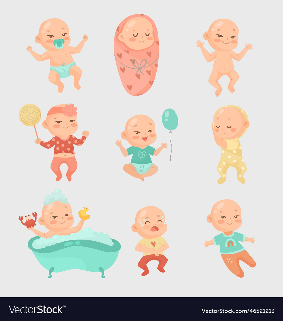 Cute newborn baby cartoon set Royalty Free Vector Image