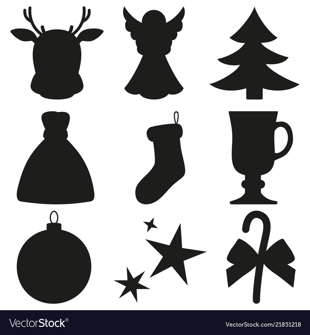 Black and white 9 xmas elements silhouette set Vector Image