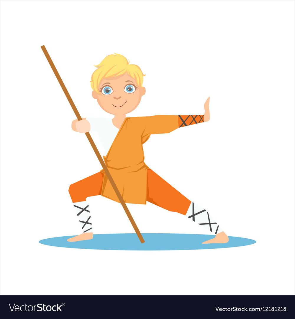 Boy in shaolin monk orange clothes with a pole Vector Image