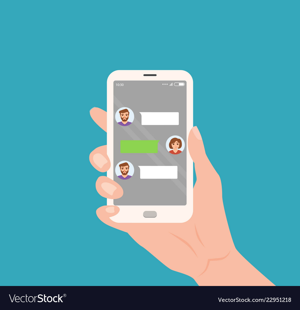 Hand holding smartphone with online chat with friends. mobile chat, so By  Microvector