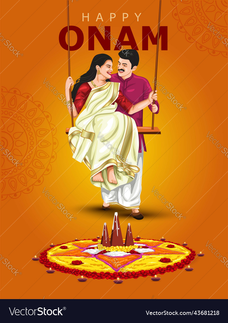 Happy onam greetings of kerala family on swing Vector Image Happy onam greetings of kerala family on swing Vector Image