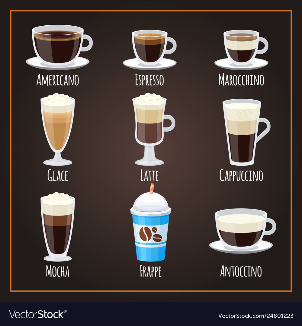 Download Coffee types flat collection americano and Vector Image