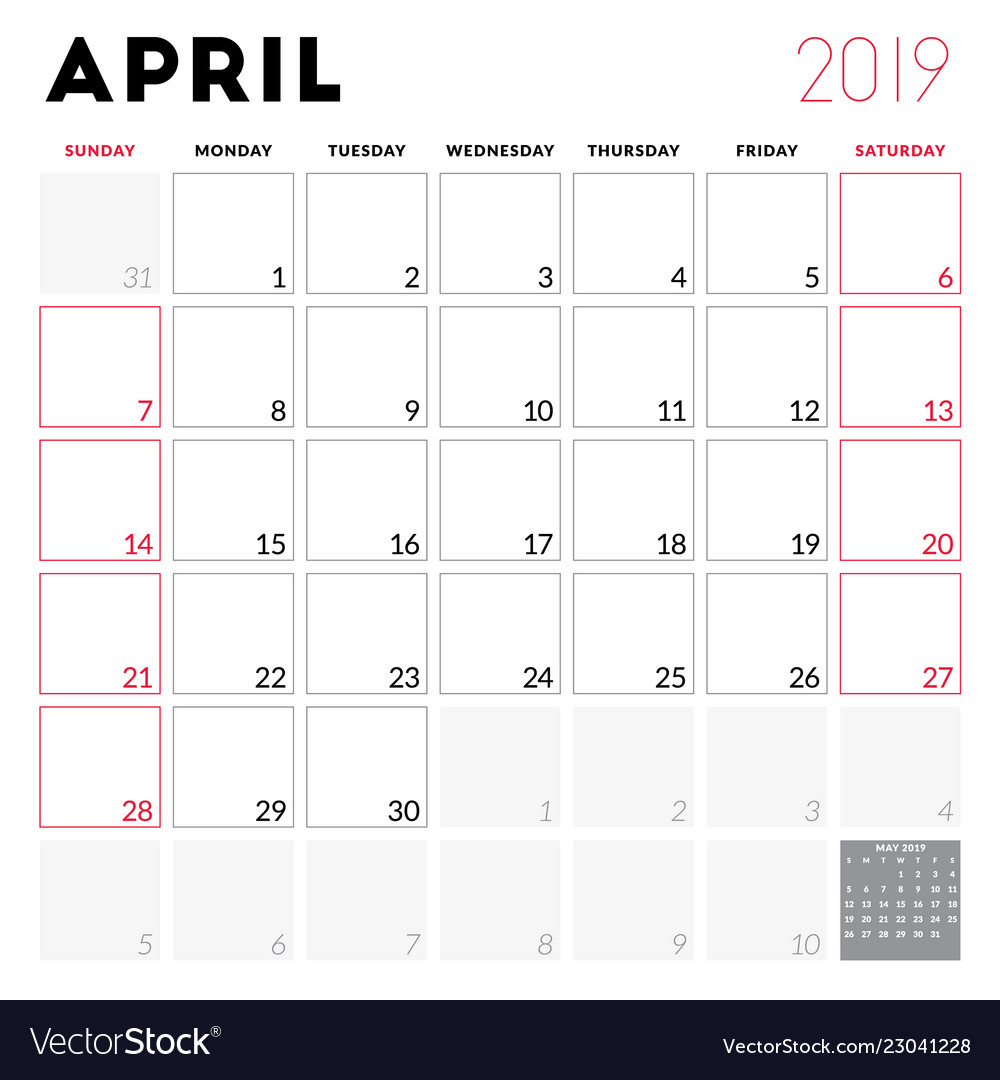 Calendar planner for april 2019 week starts Vector Image