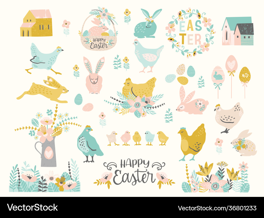 Happy easter set cute Royalty Free Vector Image