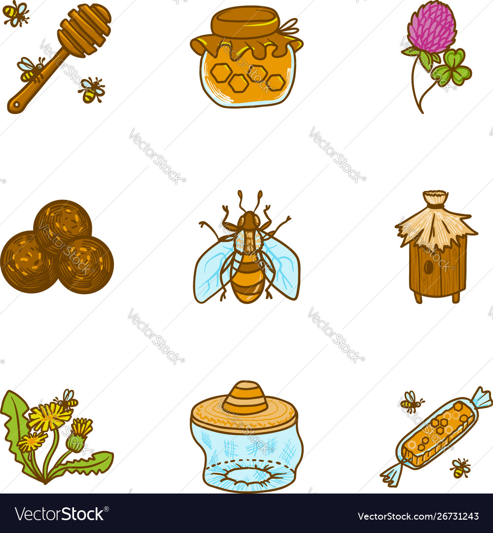 Bee Honey Icon Set Hand Drawn Style Royalty Free Vector