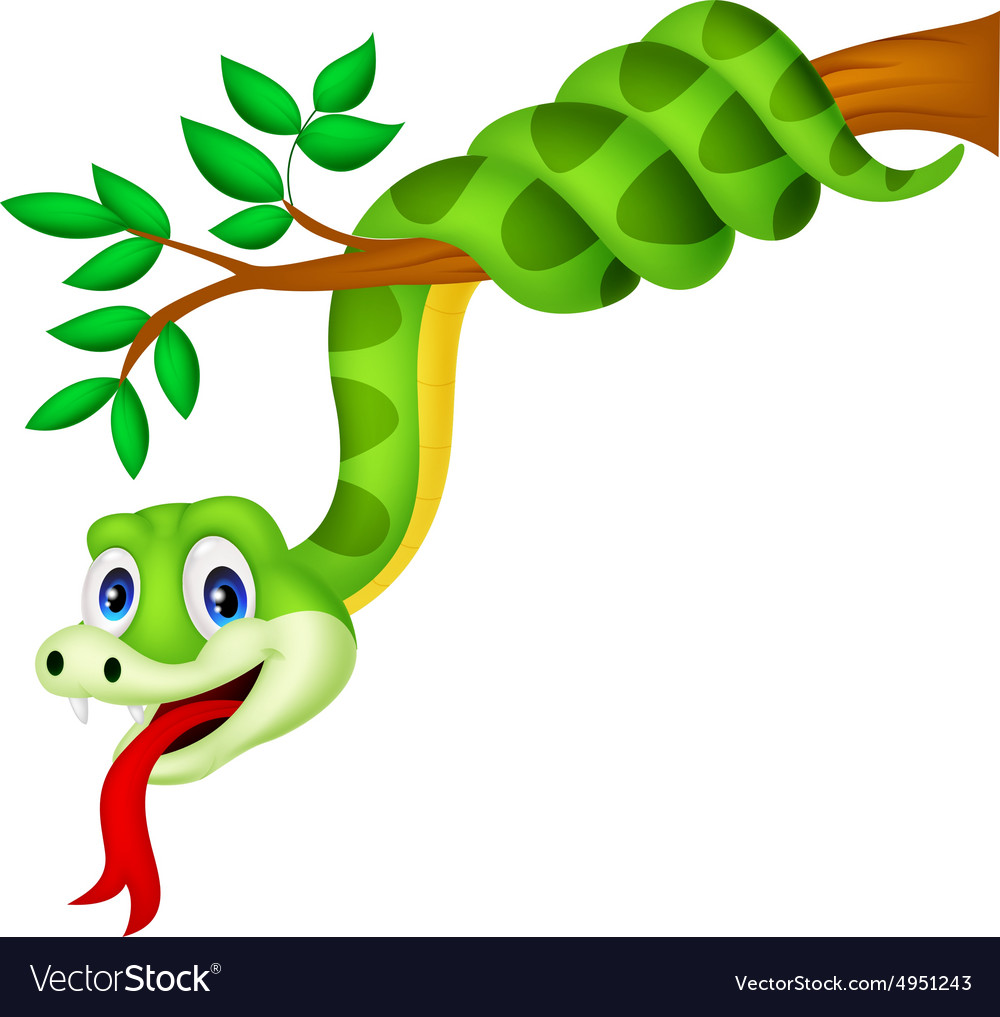 Cartoon green snake on branch Royalty Free Vector Image