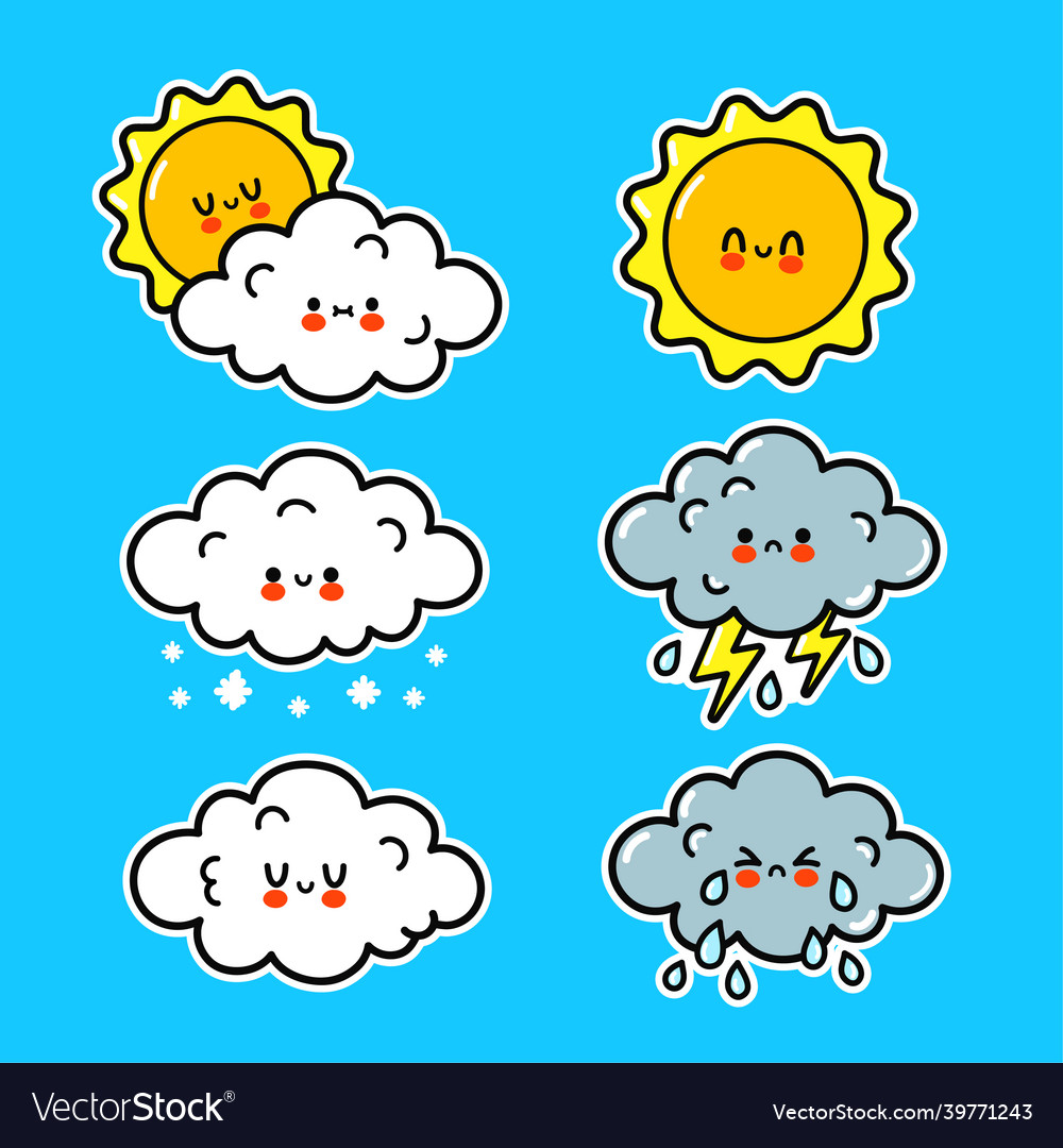 Cute happy funny weather icons hand drawn Vector Image