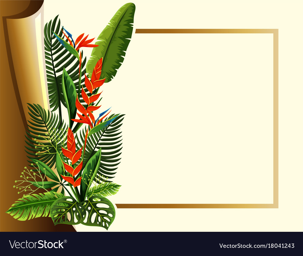 Golden frame with red flowers and green leaves Vector Image