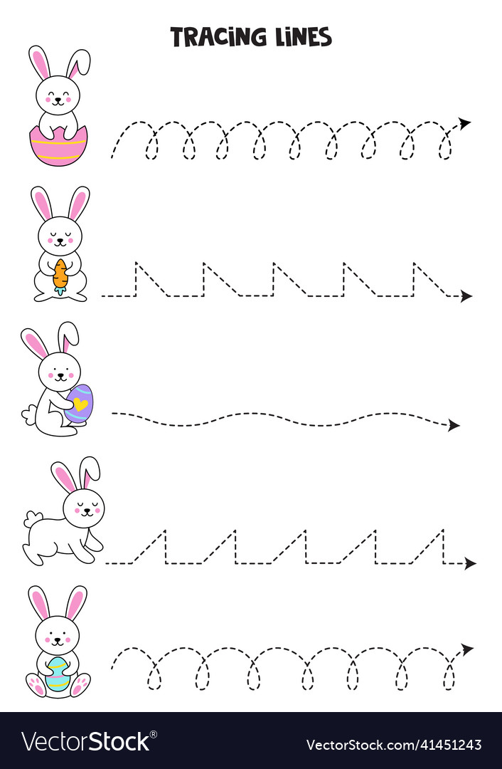 Tracing Lines With Cute Easter Bunnies Writing Vector Image