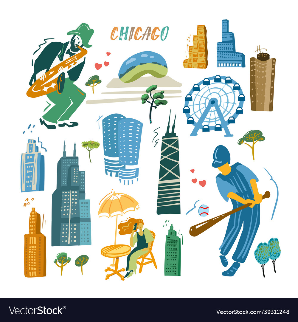 Chicago icons set traditional symbols people Vector Image