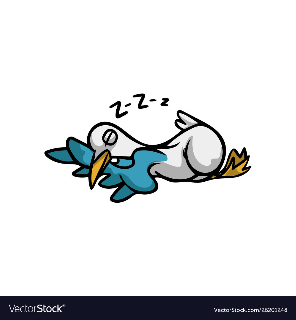 Cute Tired Seagull Bird Is Sleeping On Soft Pillow