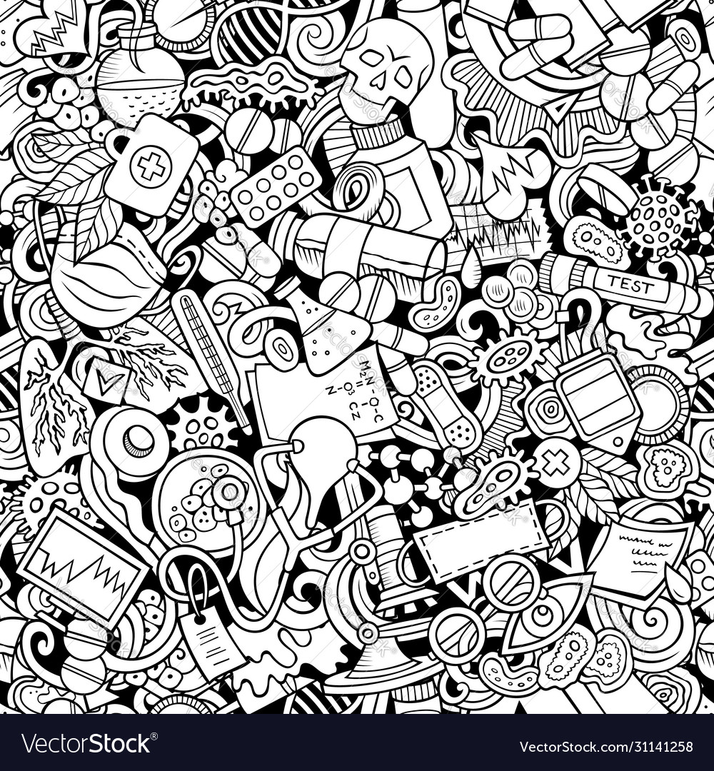 Cartoon cute doodles hand drawn medicine seamless Vector Image