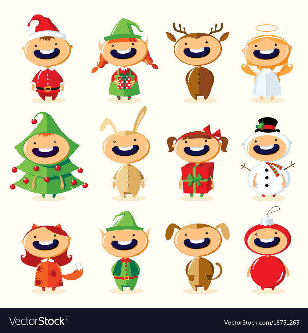 Christmas set cute cartoon children in colorful Vector Image