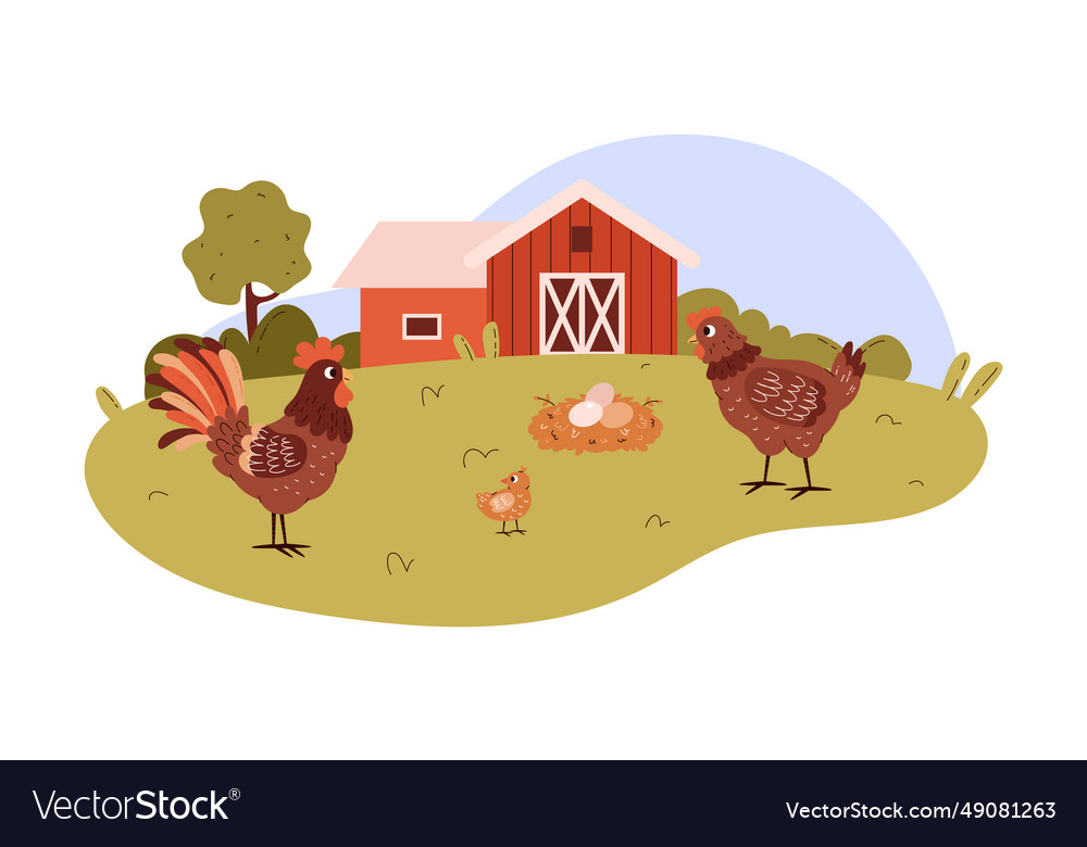 Cute poultry farm with chicken family cartoon Vector Image