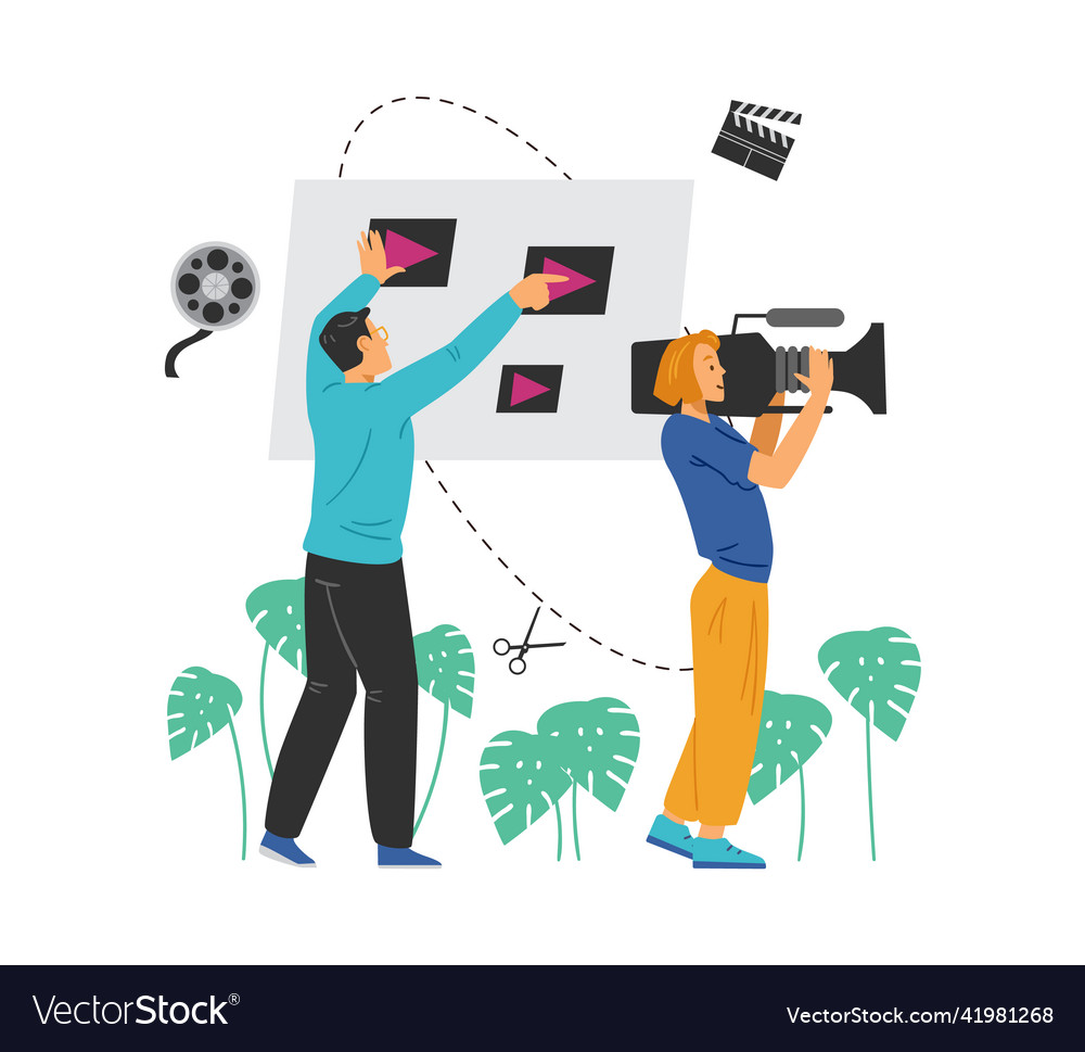 Cameraman shoots and editor edits the video flat Vector Image