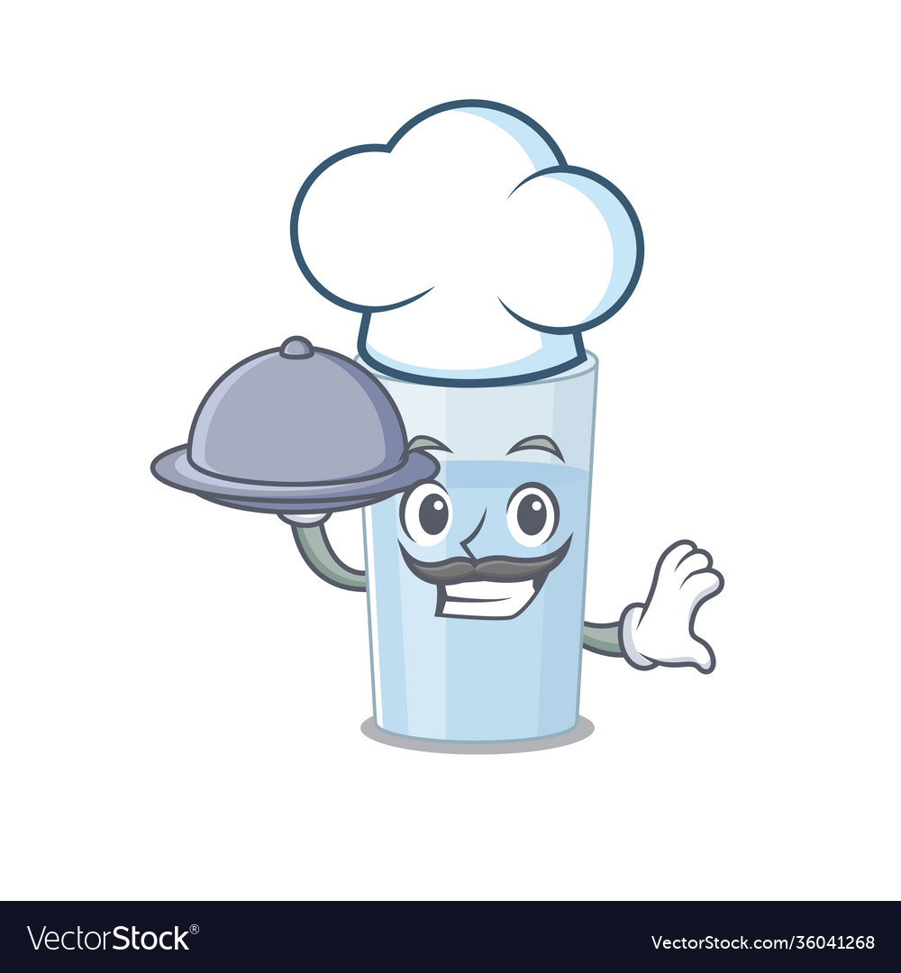 Mascot glass water chef serving food on tray Vector Image