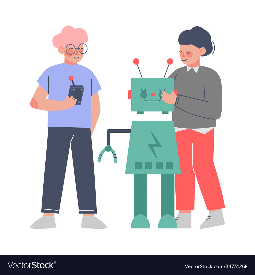 School students characters assembling robot boy Vector Image