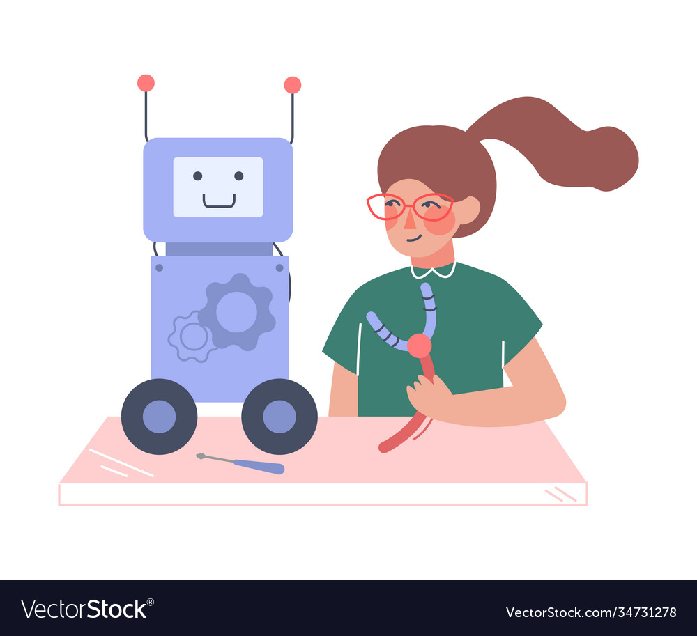 Girl assembling and programming robot young Vector Image