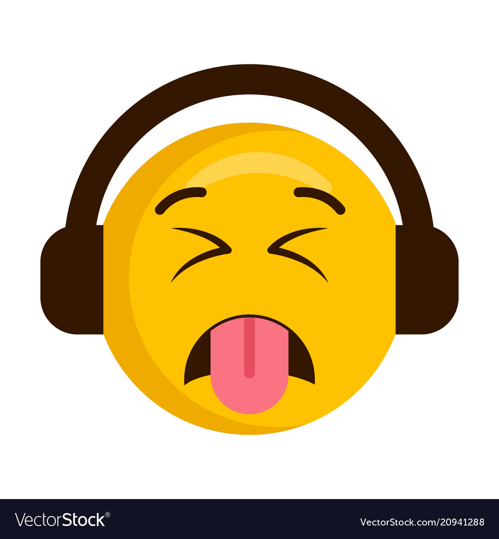 Disgusted emoji with headphones icon Royalty Free Vector