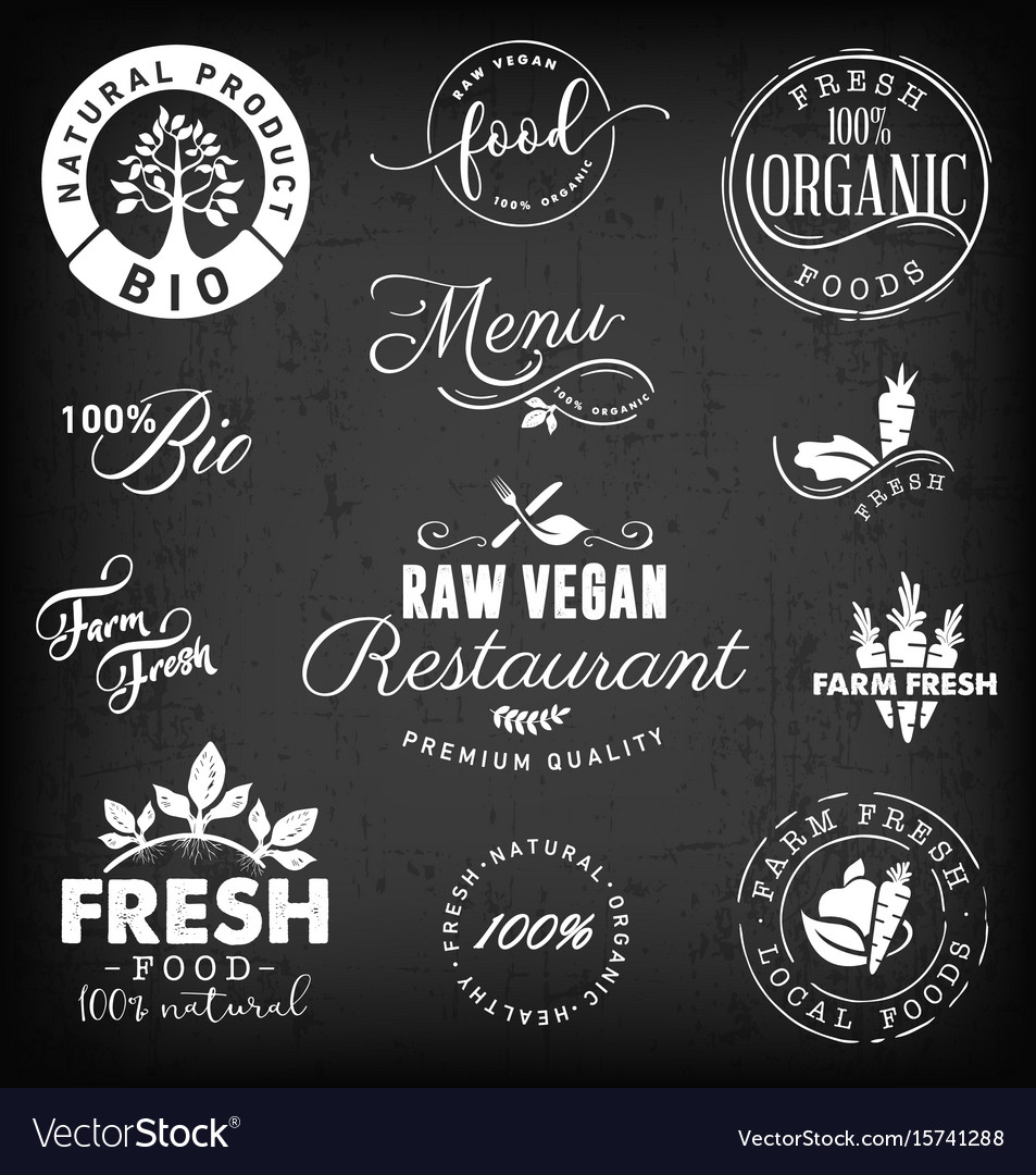 Raw vegan restaurant farm freshorganic labels Vector Image