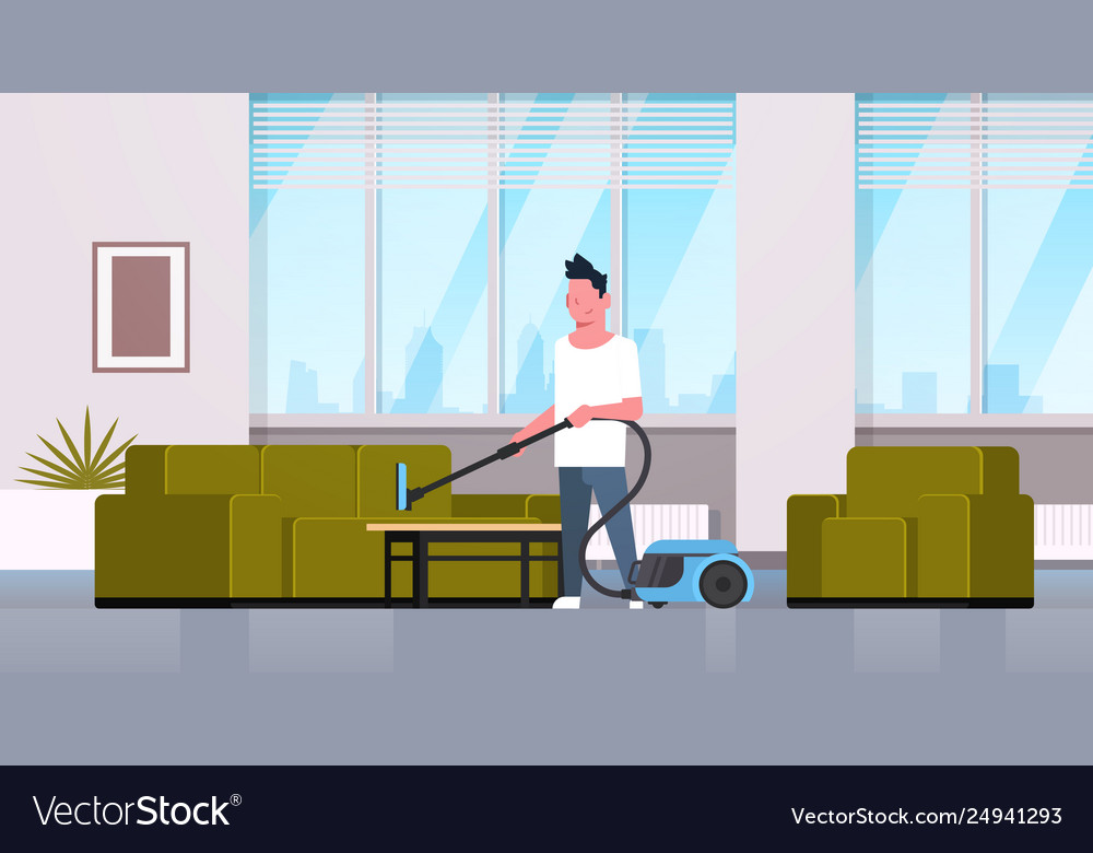 Man Cleaning Couch With Vacuum Cleaner Guy Doing Vector Image