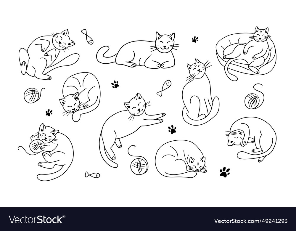 Puffy lying outline doodle cats collection sketch Vector Image